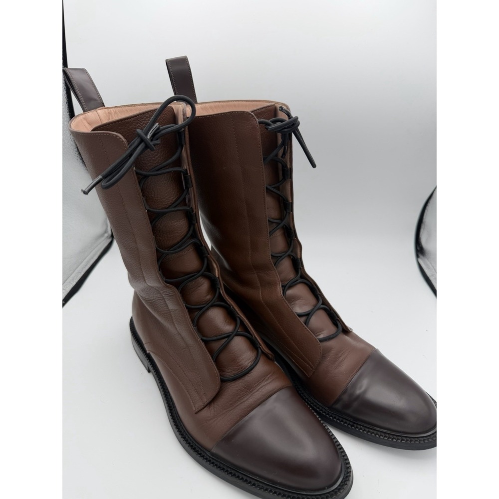 INCH² Women's Brown Leather Lace Up Mid Calf Boots Cap Toe Portugal EU 41 US 9.5